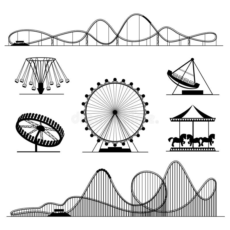 Tour d'amusement ou ensemble de vecteur de divertissement de montagnes russes de Luna Park illustration stock Tour d'amusement ou ensemble de vecteur de divertissement de montagnes russes de Luna Park illustration stock
