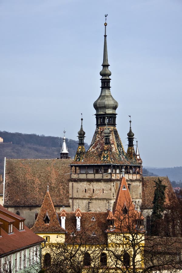 The clock tower in Sighisoara, Romania. The clock tower in Sighisoara, Romania