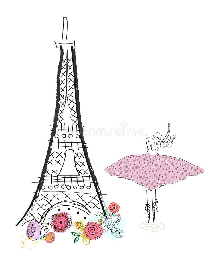 Tour Eiffel et fleurs et danseur classique de ressort Carte de voeux tirée par la main d'illustration illustration libre de droits Tour Eiffel et fleurs et danseur classique de ressort Carte de voeux tirée par la main d'illustration illustration libre de droits