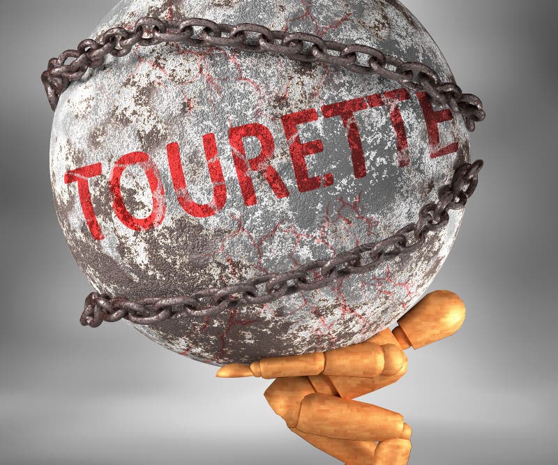 Tourette and hardship in life - pictured by word Tourette as a heavy weight on shoulders to symbolize Tourette as a burden, 3d illustration. Tourette and hardship in life - pictured by word Tourette as a heavy weight on shoulders to symbolize Tourette as a burden, 3d illustration.