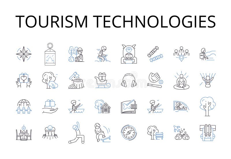 Tourism technologies line icons collection. Artificial intelligence, Social media, Virtual reality, Mobile applications royalty free illustration