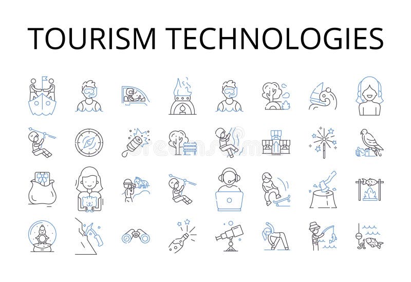 Tourism technologies line icons collection. Artificial intelligence, Social media, Virtual reality, Mobile applications vector illustration
