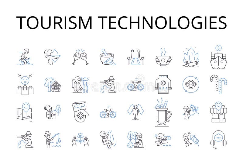 Tourism technologies line icons collection. Artificial intelligence, Social media, Virtual reality, Mobile applications stock illustration