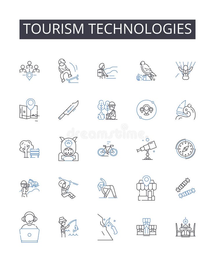 Tourism technologies line icons collection. Artificial intelligence, Social media, Virtual reality, Mobile applications vector illustration