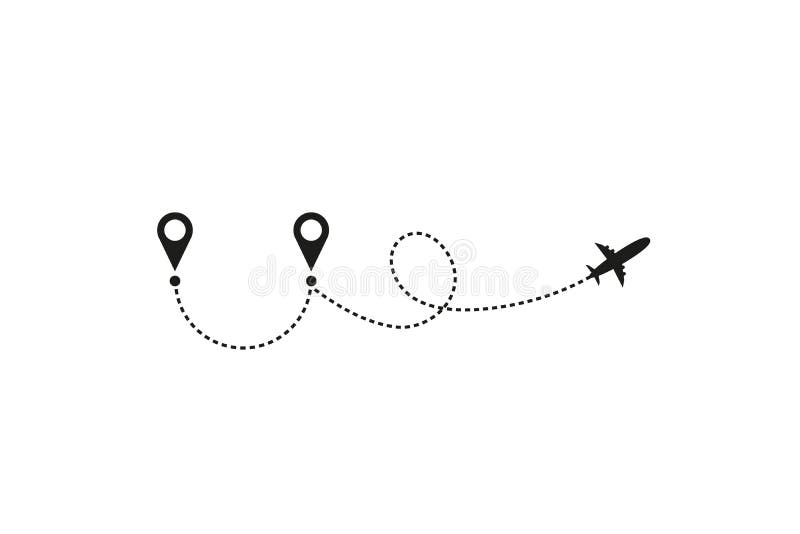 Tourism and travel concept. Airplane line path on white background. Vector icon of air plane flight route with dash line stock illustration Tourism and travel concept. Airplane line path on white background. Vector icon of air plane flight route with dash line stock illustration