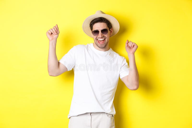 Tourism Travelling And Holidays Concept Happy Caucasian Guy Dancing 