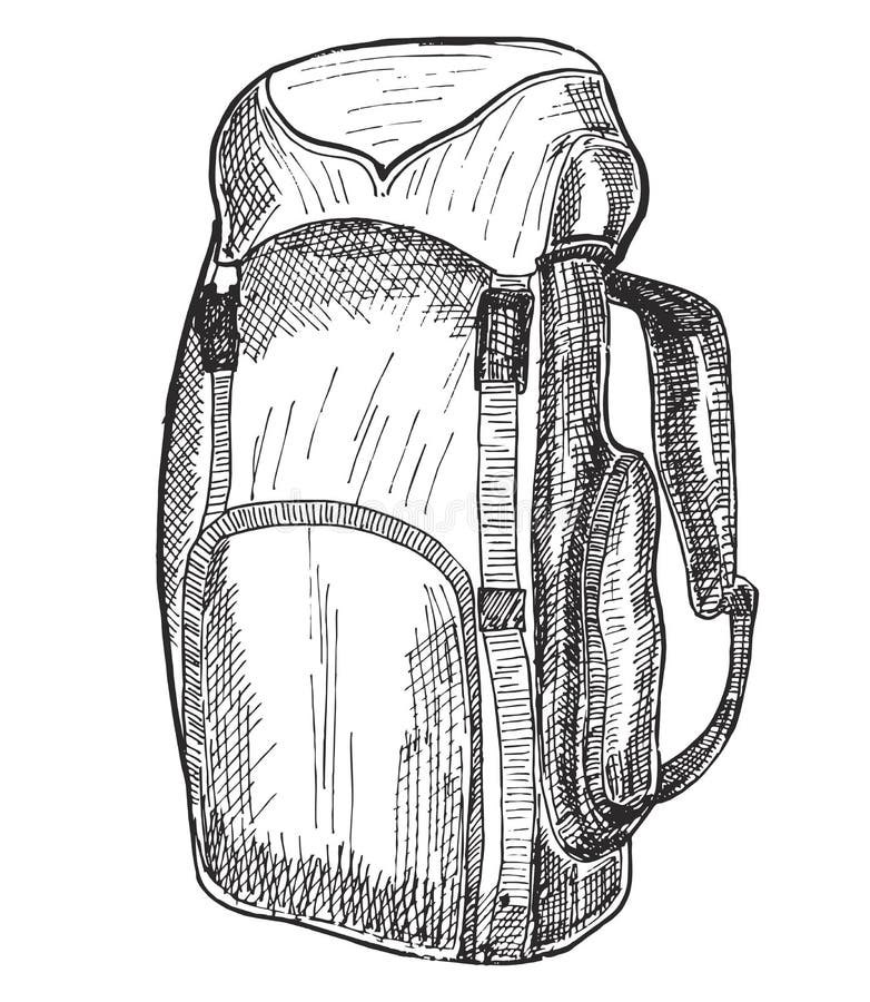 Sketch of Hiker with Big Backpack on Top of Mountain Cliff, Hand Drawn