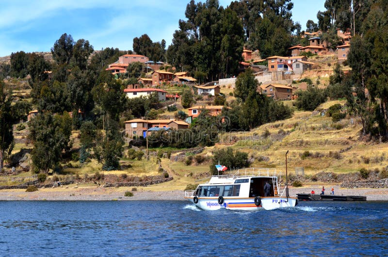 Tourist boat in Amantani on Lake Titicaca