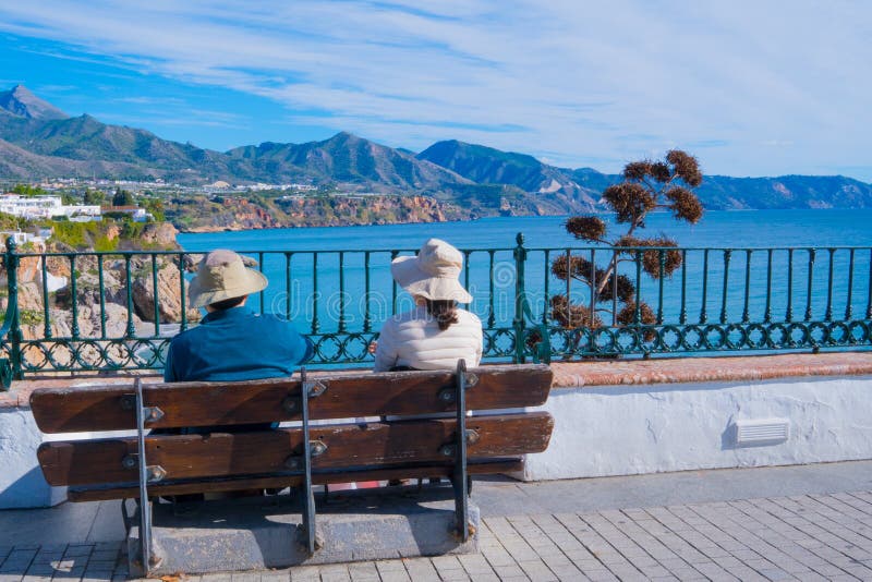 Tourist Couple -Panoramic view of Nerja. Spain stock photography Tourist Couple -Panoramic view of Nerja. Spain stock photography