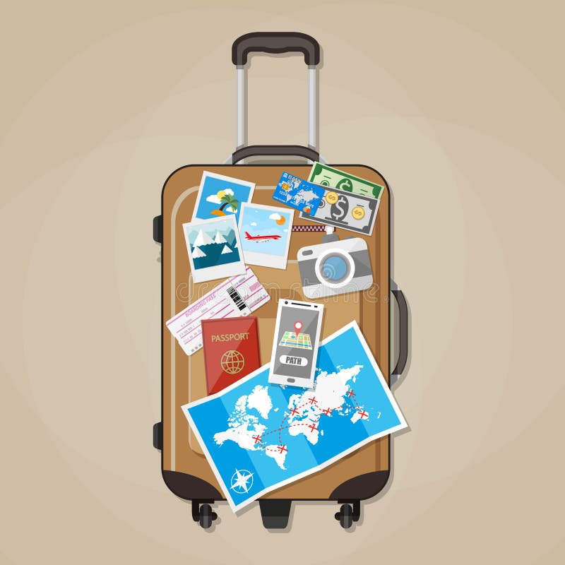 Tourist equipment on brown travel suitcase bag, passport, airplane ticket, smartphone with navigation application, photo camera, cash and coins. vector illustration in flat design on brown background