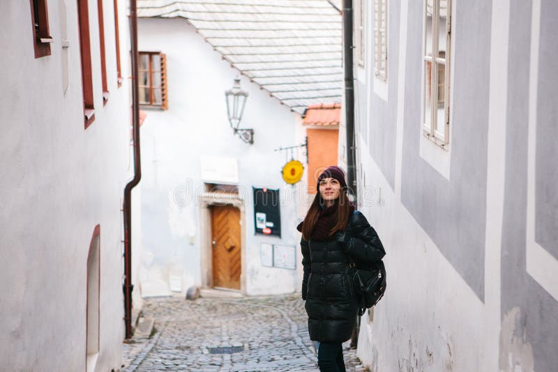 Tourist Girl on a Beautiful Street in Cesky Krumlov in the Czech ...
