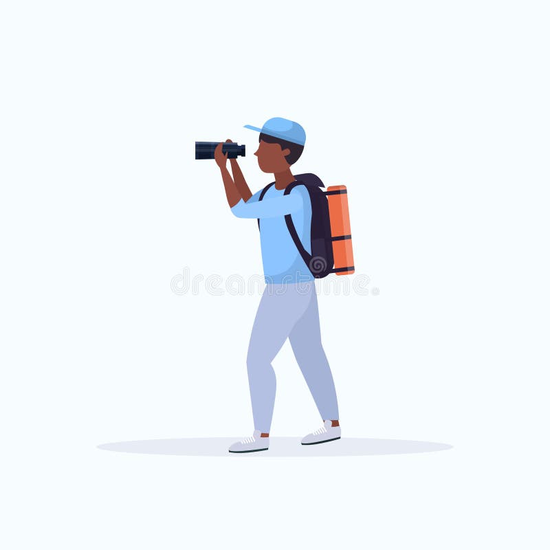 Tourist hiker with backpack looking through binoculars hiking concept african american traveler on hike full length flat stock illustration Tourist hiker with backpack looking through binoculars hiking concept african american traveler on hike full length flat stock illustration