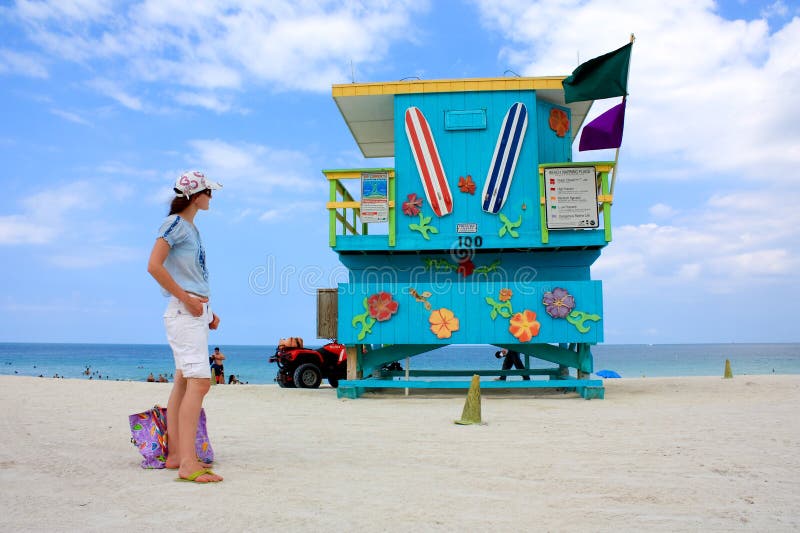 Tourist in Miami South Beach Lifeguard Stand