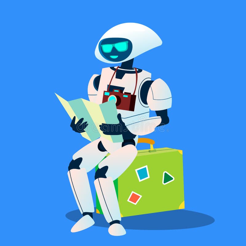 Tourist Robot With Camera And Map Vector. Isolated Illustration
