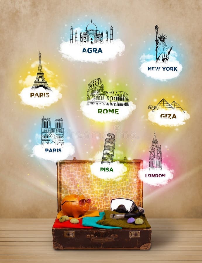 Tourist Suitcase with Famous Landmarks Around the World Stock Photo ...