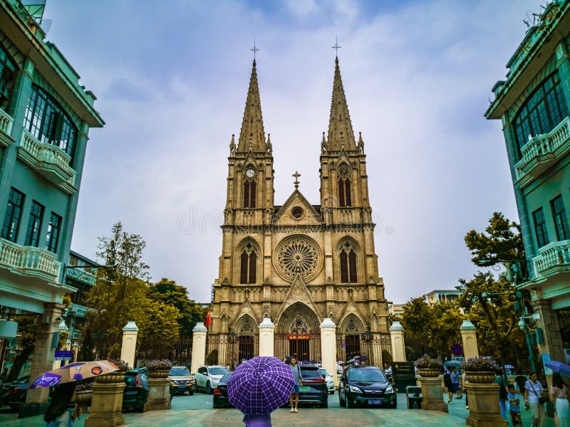 Tourist Take photo with Sacred Heart Cathedral at guangzhou china.