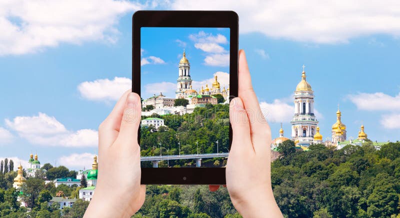 Tourist taking photo of Kiev Pechersk Lavra stock photography Tourist taking photo of Kiev Pechersk Lavra stock photography
