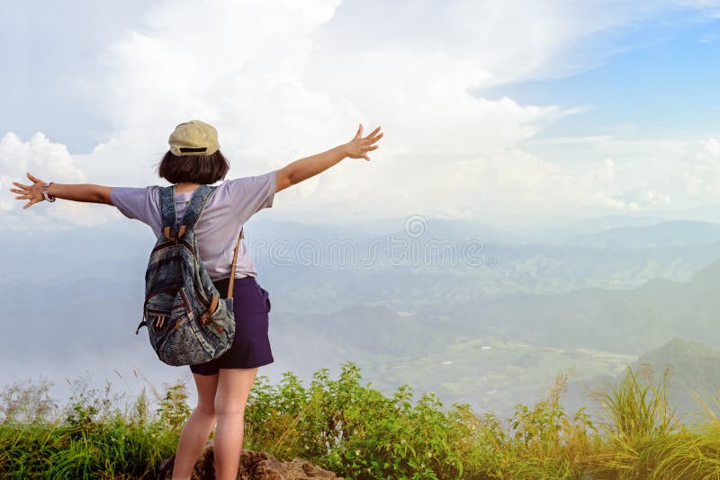 Tourist teen girl on Phu Chi Fa mountain royalty free stock image Tourist teen girl on Phu Chi Fa mountain royalty free stock image