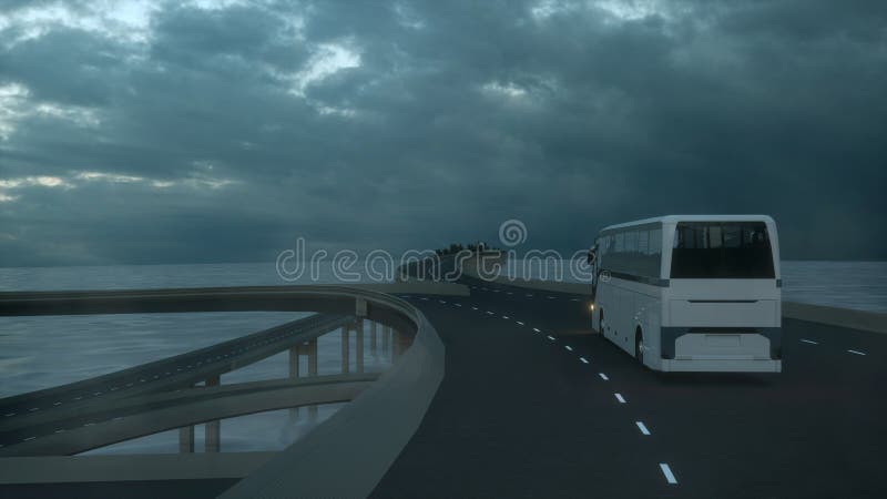 Tourist white bus driving on the bridge under an ominous cloudy sky. 3d Rendering vector illustration Tourist white bus driving on the bridge under an ominous cloudy sky. 3d Rendering vector illustration