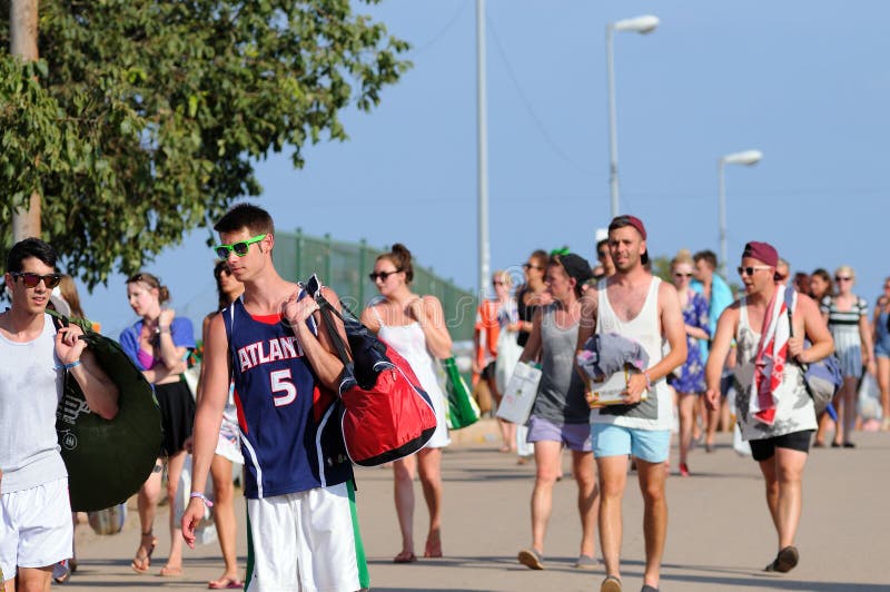 Tourists arrive to the beach and camping of the FIB Festival