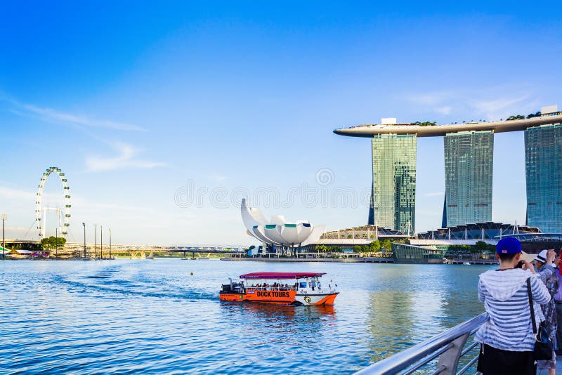 Tourists on Ducktour Boat in Marina Bay and Marina Bay Sands