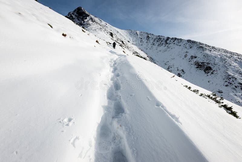 Turisté si užívají vysoké hory ve sněhu za slunečného dne