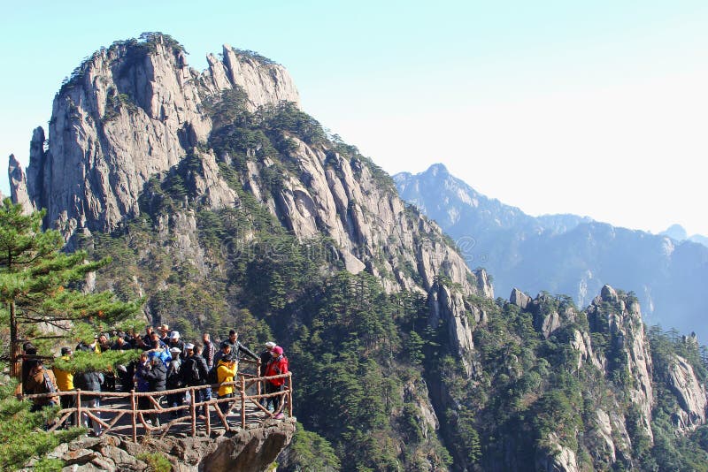 Tourists enjoy the panorama in the Yellow Mountains, China