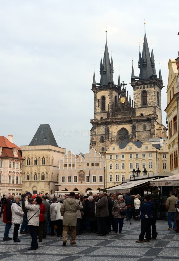 Tourists on Prague`s old town square.