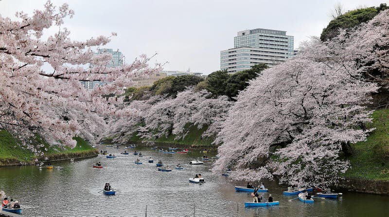 Tourists rowing boats on a lake under beautiful cherry blossom trees in Chidorigafuchi Urban Park during Sakura Festival in Tokyo