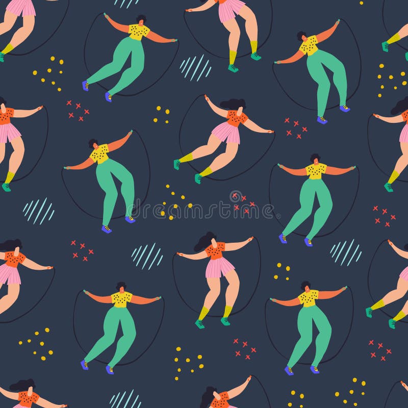 Touwtjespringen die vlak kleuren naadloos patroon springen royalty-vrije illustratie Touwtjespringen die vlak kleuren naadloos patroon springen royalty-vrije illustratie