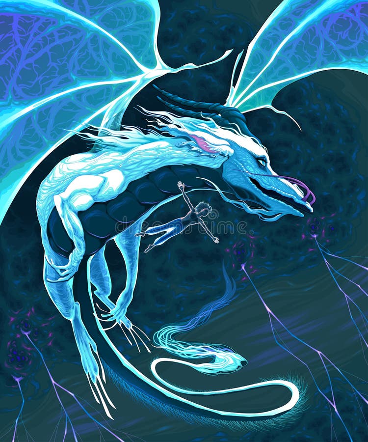 Tovenaar en draak die in het onweer vliegen vector illustratie Tovenaar en draak die in het onweer vliegen vector illustratie
