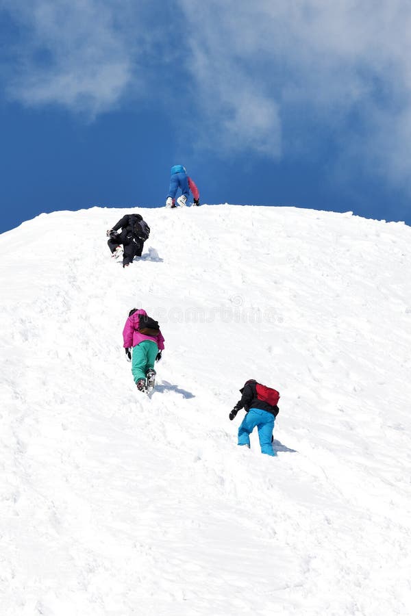 Team Ski Mountaineers Climbing Mountain Rope Stock Photos Free
