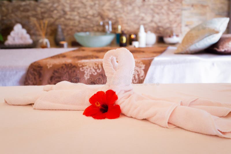 Towel Decoration in Hotel Room, Towel Birds, Swans, Room Interior Stock
