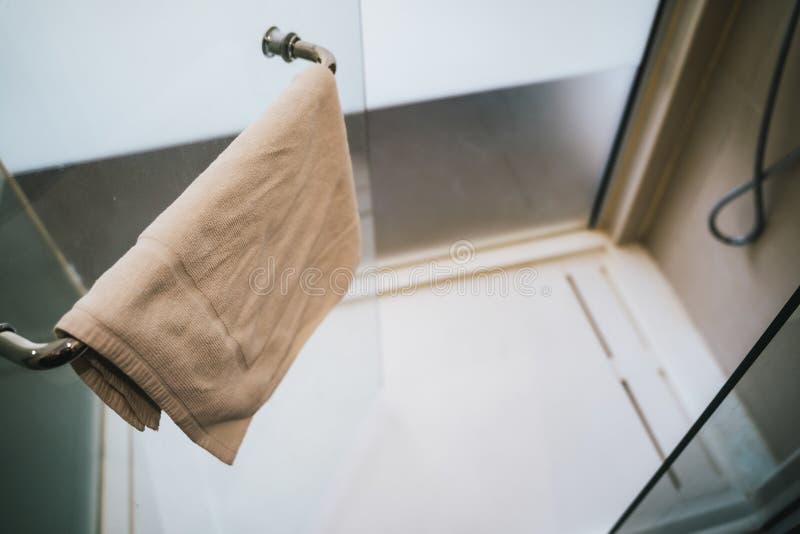 Towel Hanging on a Handle of a Shower Tray Door Stock Image Image of
