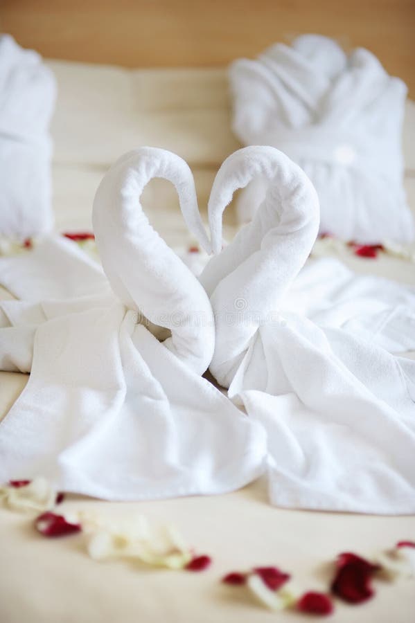 Towel Decoration in Hotel Room, Towel Birds, Swans, Room Interior Stock