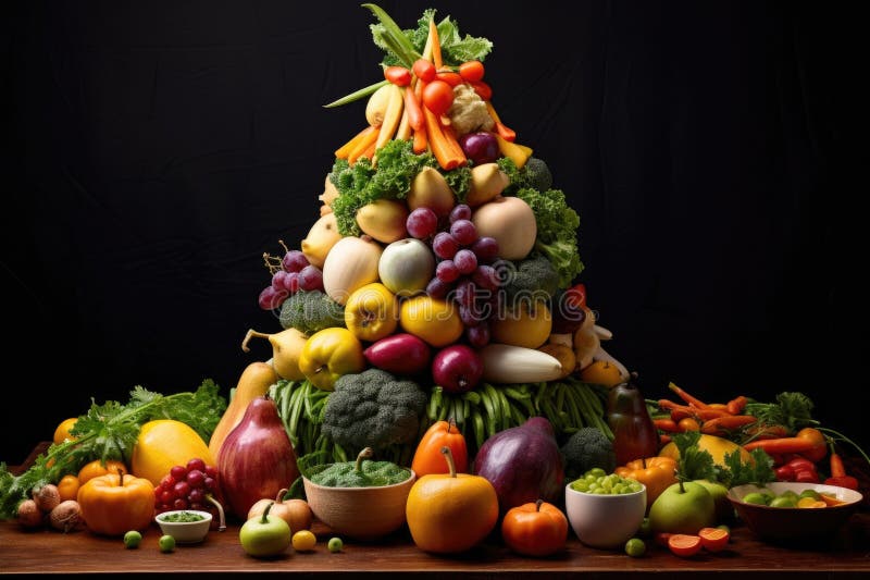A Tower of Assorted Fruits and Veggies Mimicking a Pyramid Stock Image