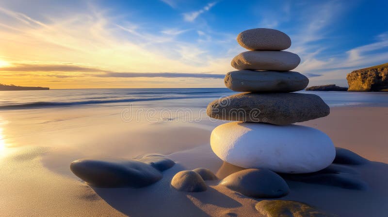 Tower of Balance Stones Stacked on a Beach stock illustration