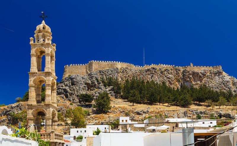 Tower of Church of Panagia in Lindos made of ancient stones