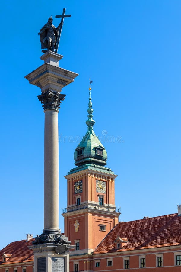 Tower of historic Royal Castle - Zamek Krolewski w Warszawie - with Sigismund III Waza Column at Royal Castle Square in Starowka