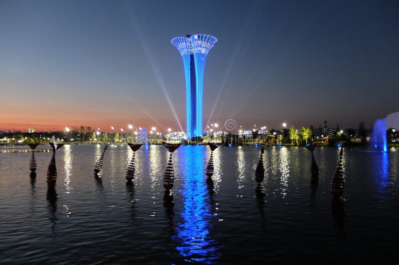 Tower illuminated, evening. Botanic Expo 2016. stock image