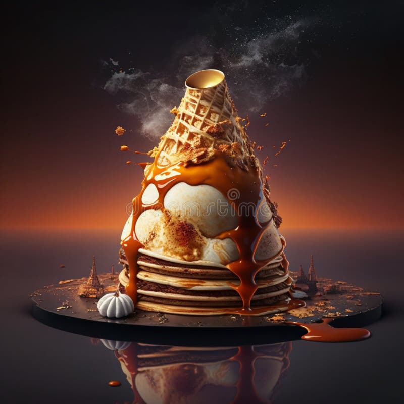 A Tower of Pancakes Covered in Syrup and Ice Cream. Stock Photo Image