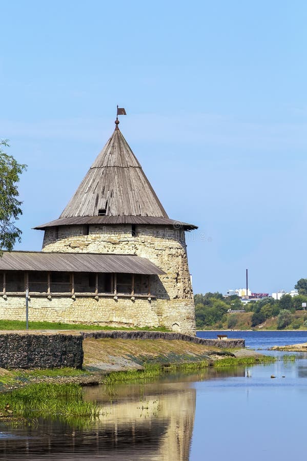 Flat Towers in Pskov Krom (Kremlin), Russia, View from Pskova river. Flat Towers in Pskov Krom (Kremlin), Russia, View from Pskova river