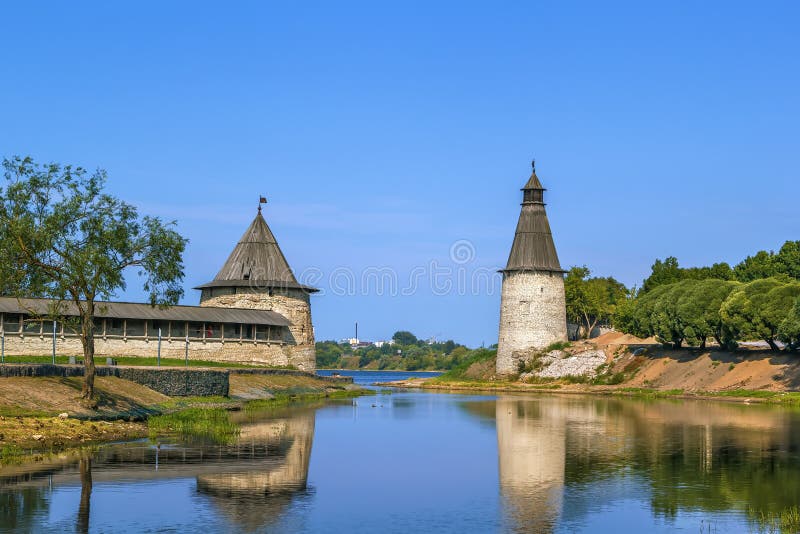 Tall and Flat Towers in Pskov Krom Kremlin, Russia, View from Pskova river. Tall and Flat Towers in Pskov Krom Kremlin, Russia, View from Pskova river