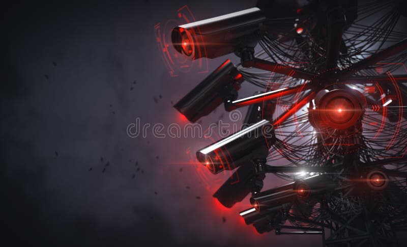 Tower or pylon with many cctv cameras scanning nearby people faces, car plates and so on. Copy space included. Future with royalty free illustration Tower or pylon with many cctv cameras scanning nearby people faces, car plates and so on. Copy space included. Future with royalty free illustration