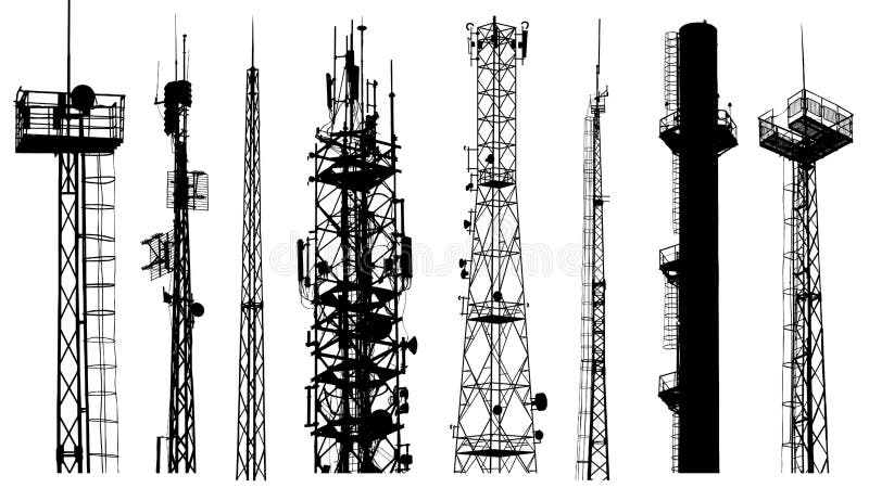 Tower radio antenna silhouettes isolated on white background