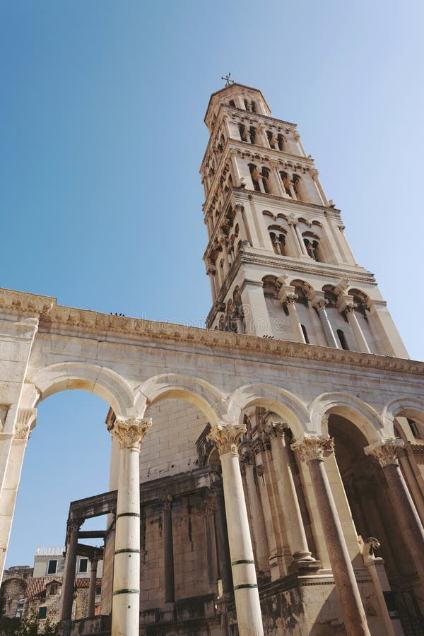 The tower of Saint Domnius Cathedral, medieval architecture, Split stock image