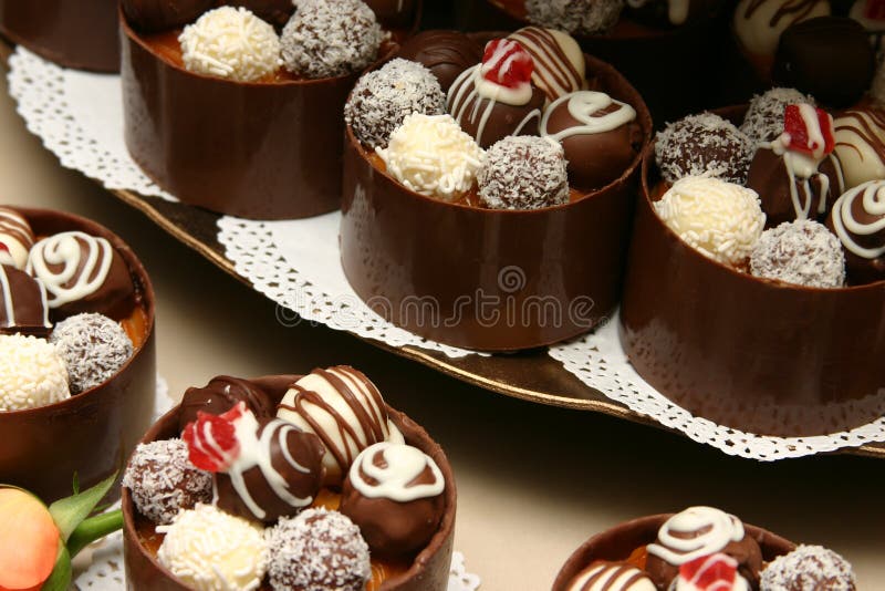 Tower of wedding miniature desserts.