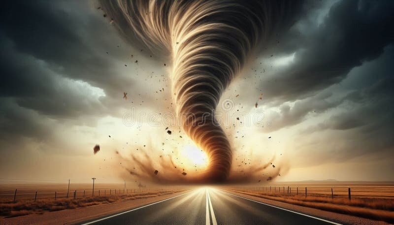 A towering dust devil twisting across an empty road lifting debr vector illustration