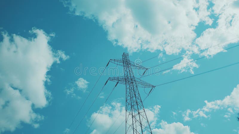 A towering electricity pole stands against a blue sky. The clouds drift by, creating a serene backdrop. This image royalty free stock photo