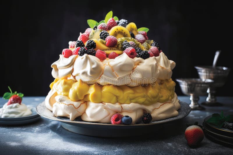 Towering Meringue Dessert with Fresh Fruit and Custard Sauce Stock